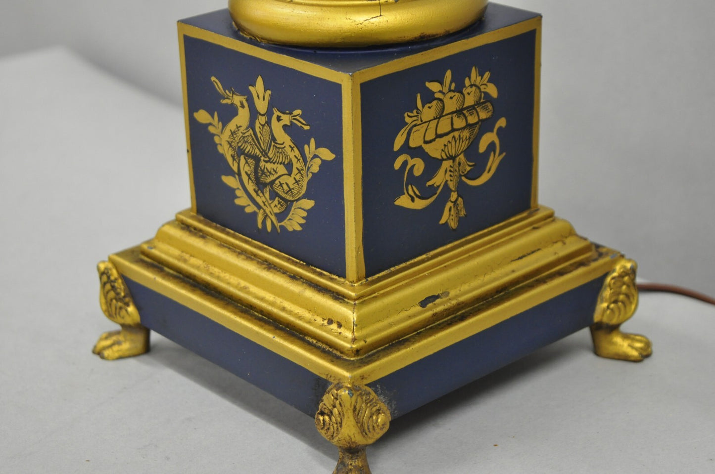 Vintage French Empire Blue Tole Metal Gold Swan Painted Urn Form Table Lamp