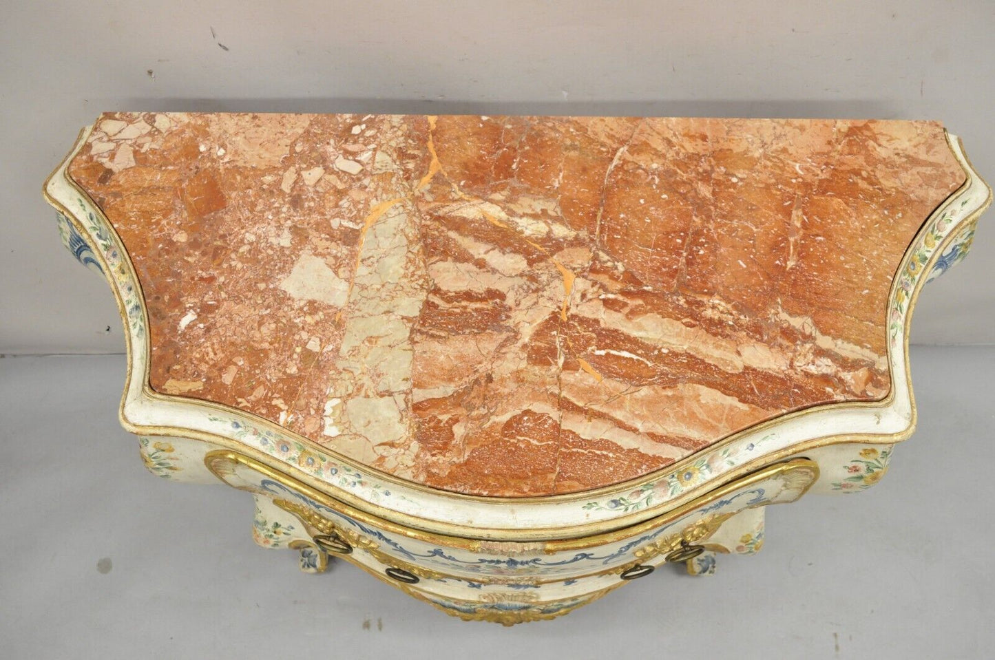 Antique 18th C Italian Venetian Rococo Hand Painted Marble Top Commode Chest