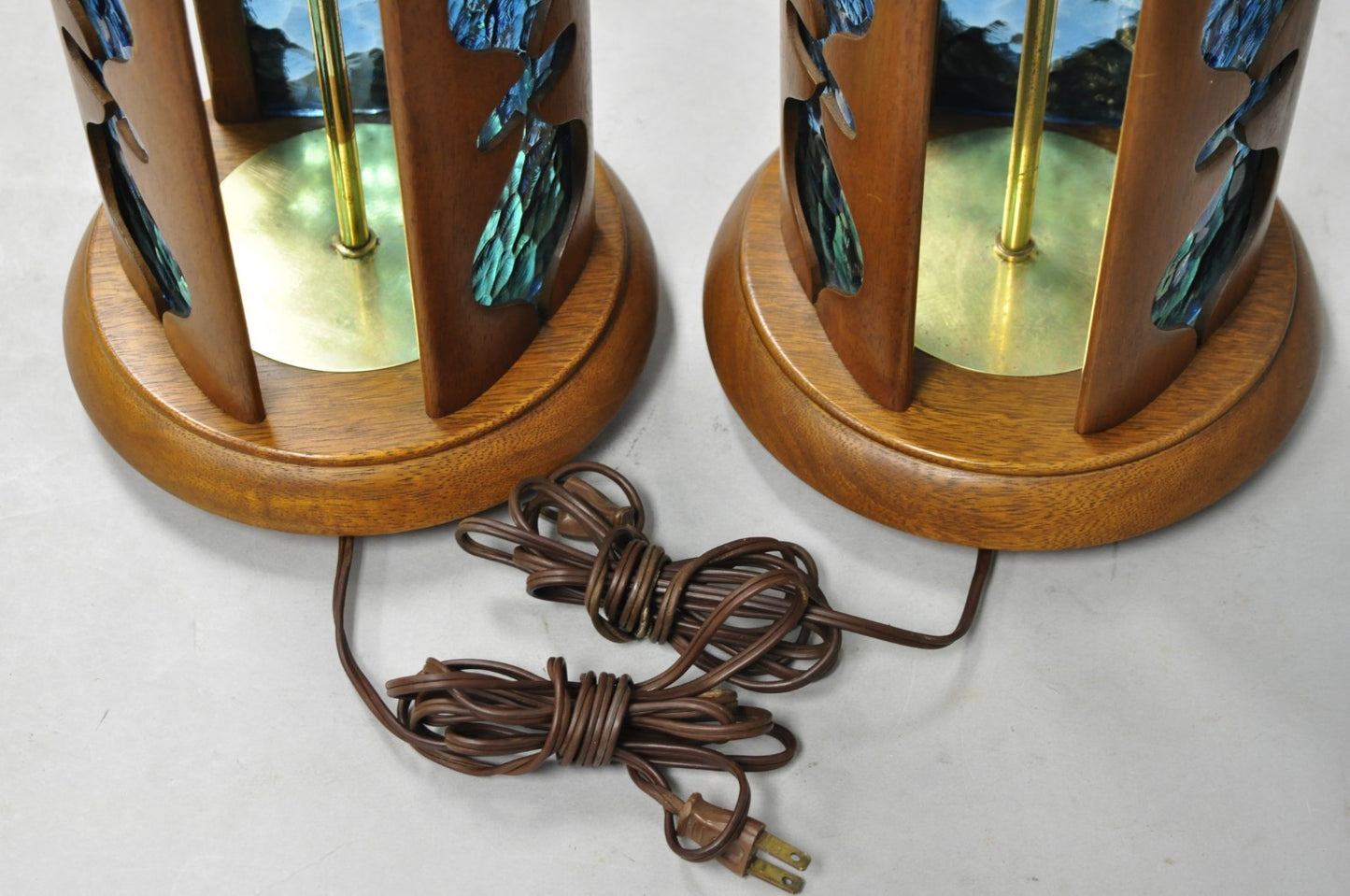Vintage Modeline Mid Century Modern Walnut & Blue Stained Glass Table Lamps Pair