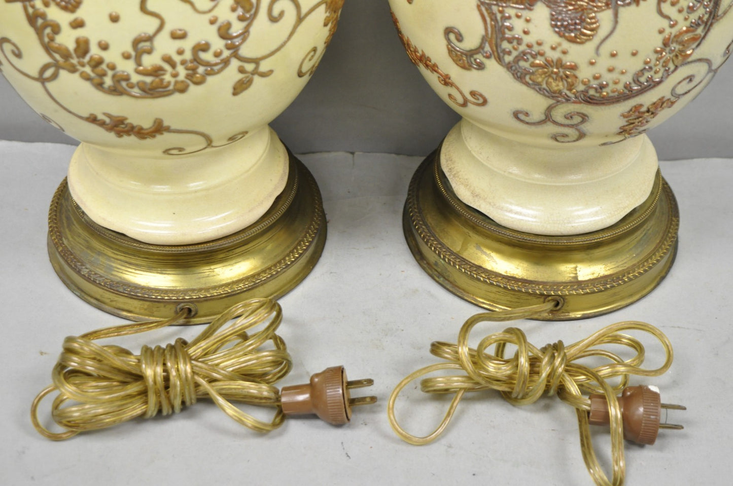 Antique Japanese Ceramic Beige Figural Dragon Vase Form Table Lamps - a Pair