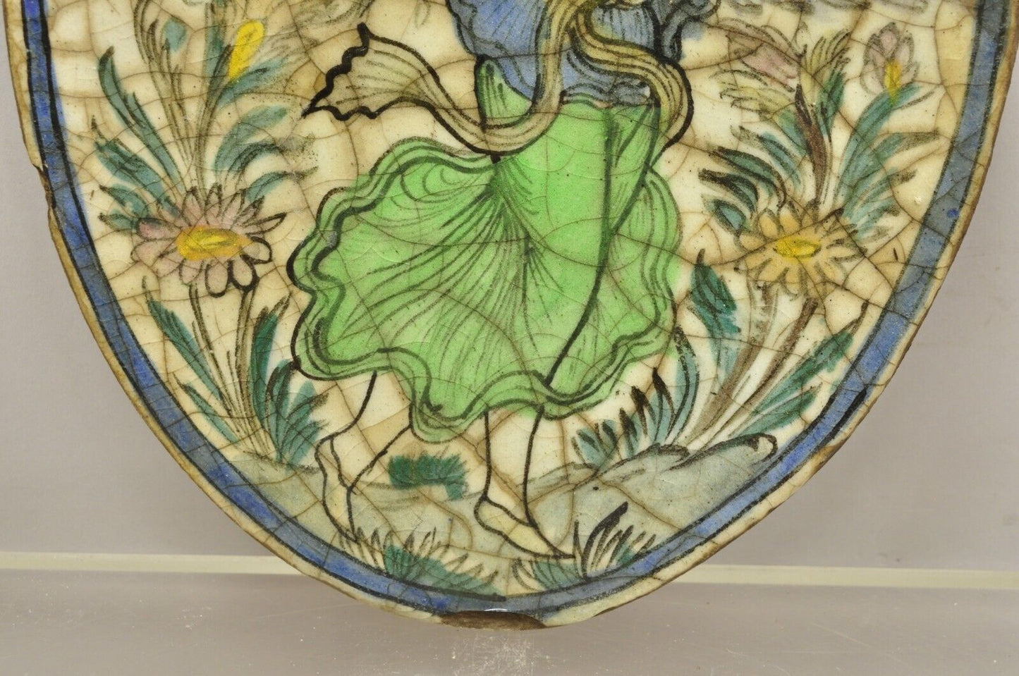Antique Persian Iznik Qajar Style Ceramic Pottery Oval Tile Green Lady Dancer C3