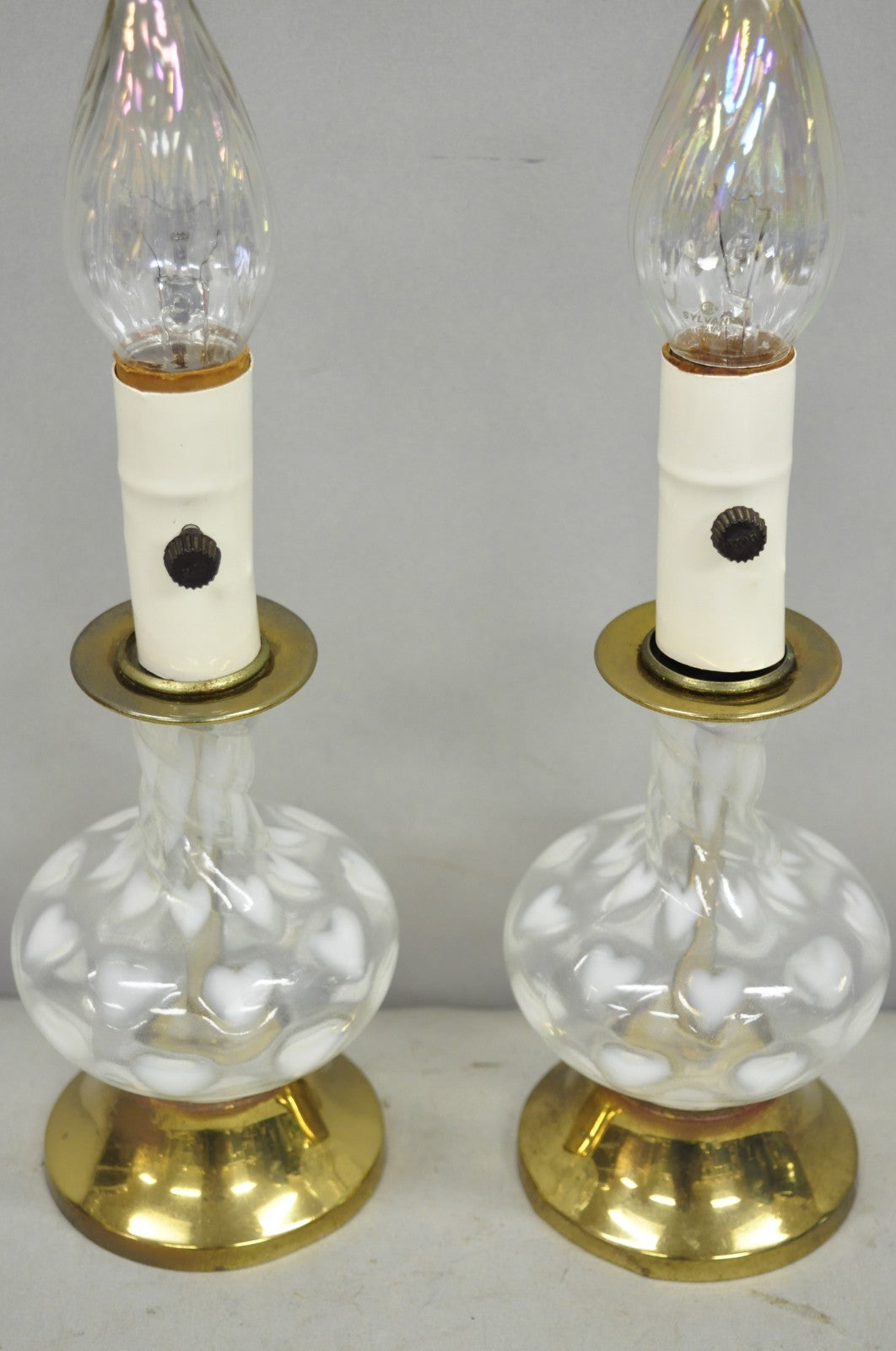 Vintage Hollywood Regency Petite Blown Glass Boudoir Table Lamps w/ Hearts, Pair