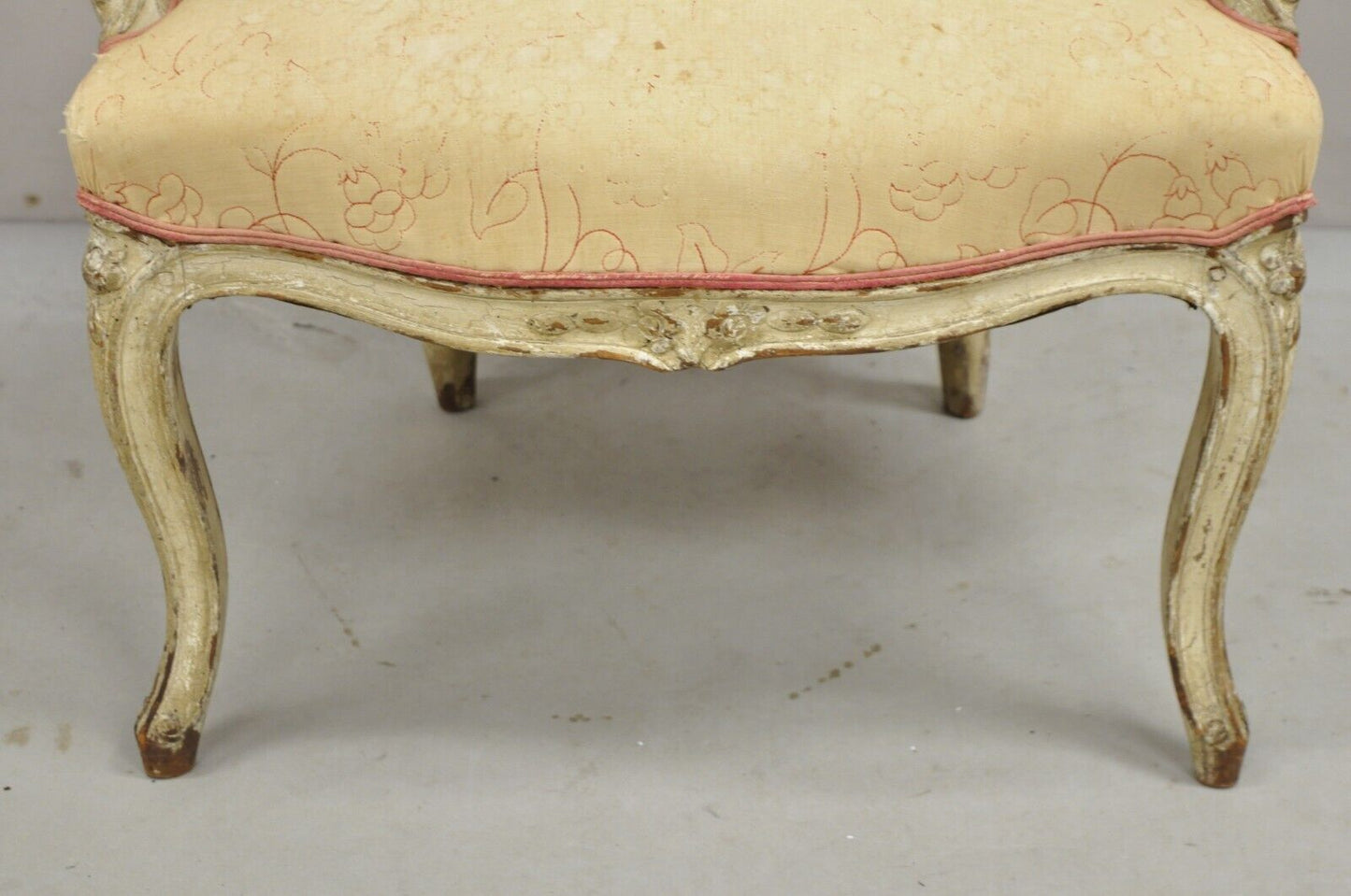 Antique French Louis XV Style Gustavian Cream Distress Painted Arm Chair