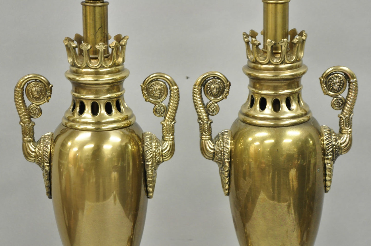 Vintage French Empire Neoclassical Brass Urn Form Table Lamps by Tyndale - Pair