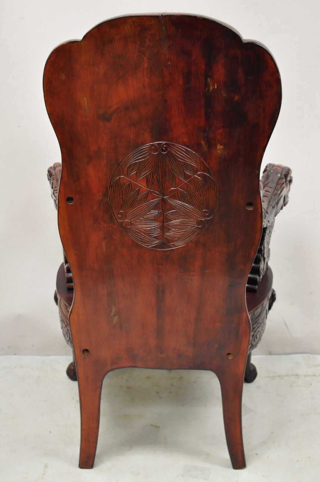 Antique Japanese Export Carved Hardwood Foo Dog Throne Arm Chair