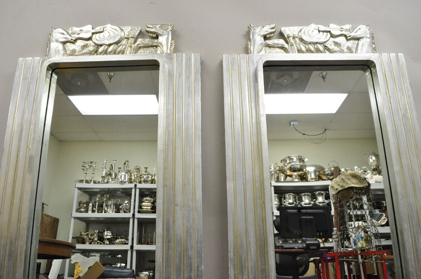 Vintage Italian Modern Figural Relief Carved Silver Leaf Wall Mirrors - a Pair