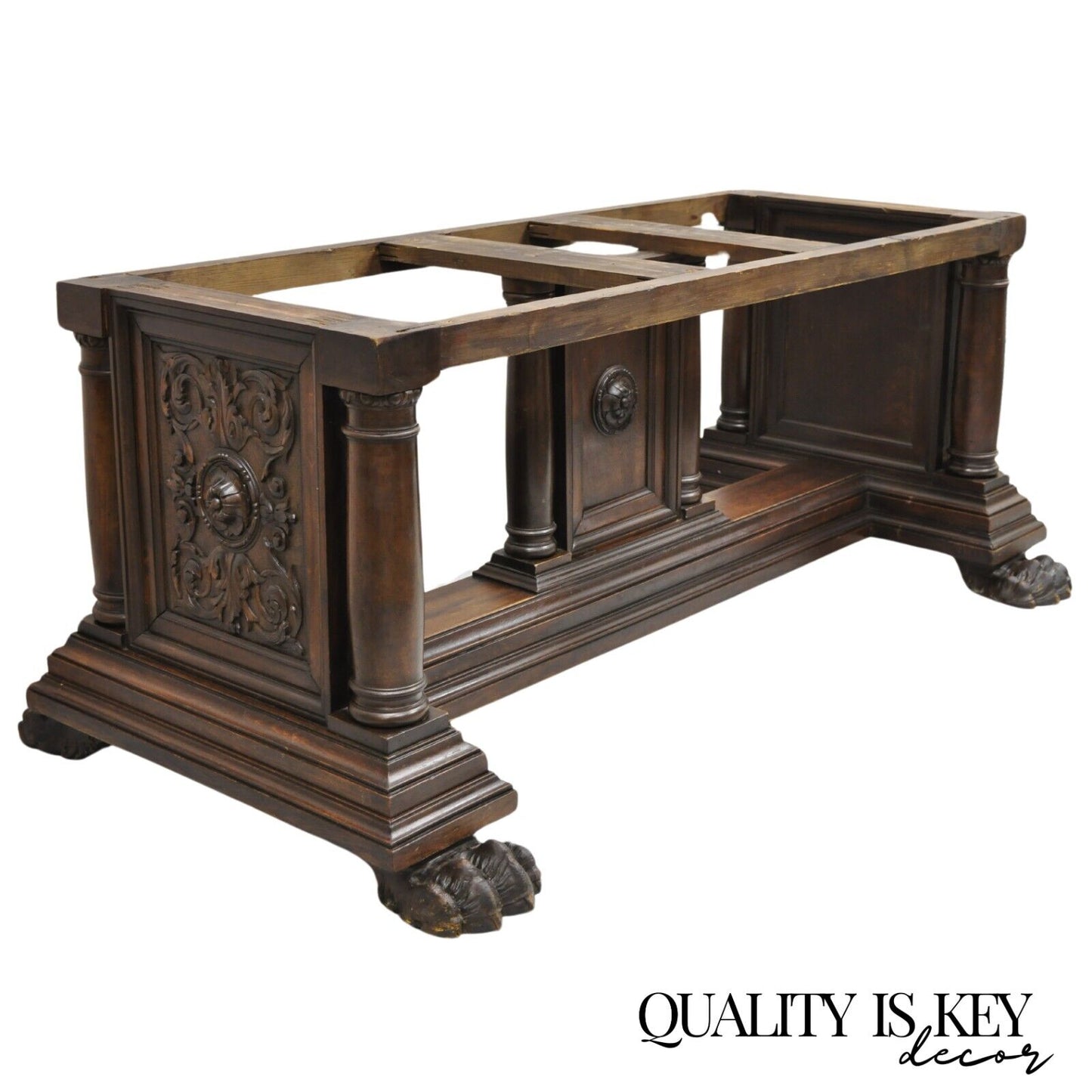 Antique Italian Renaissance Carved Walnut Hairy Paw Foot Desk Console Table Base