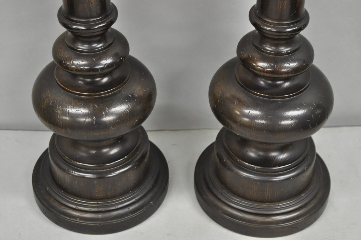 Vintage French Country Farmhouse Distressed Solid Carved Wood Table Lamps - Pair