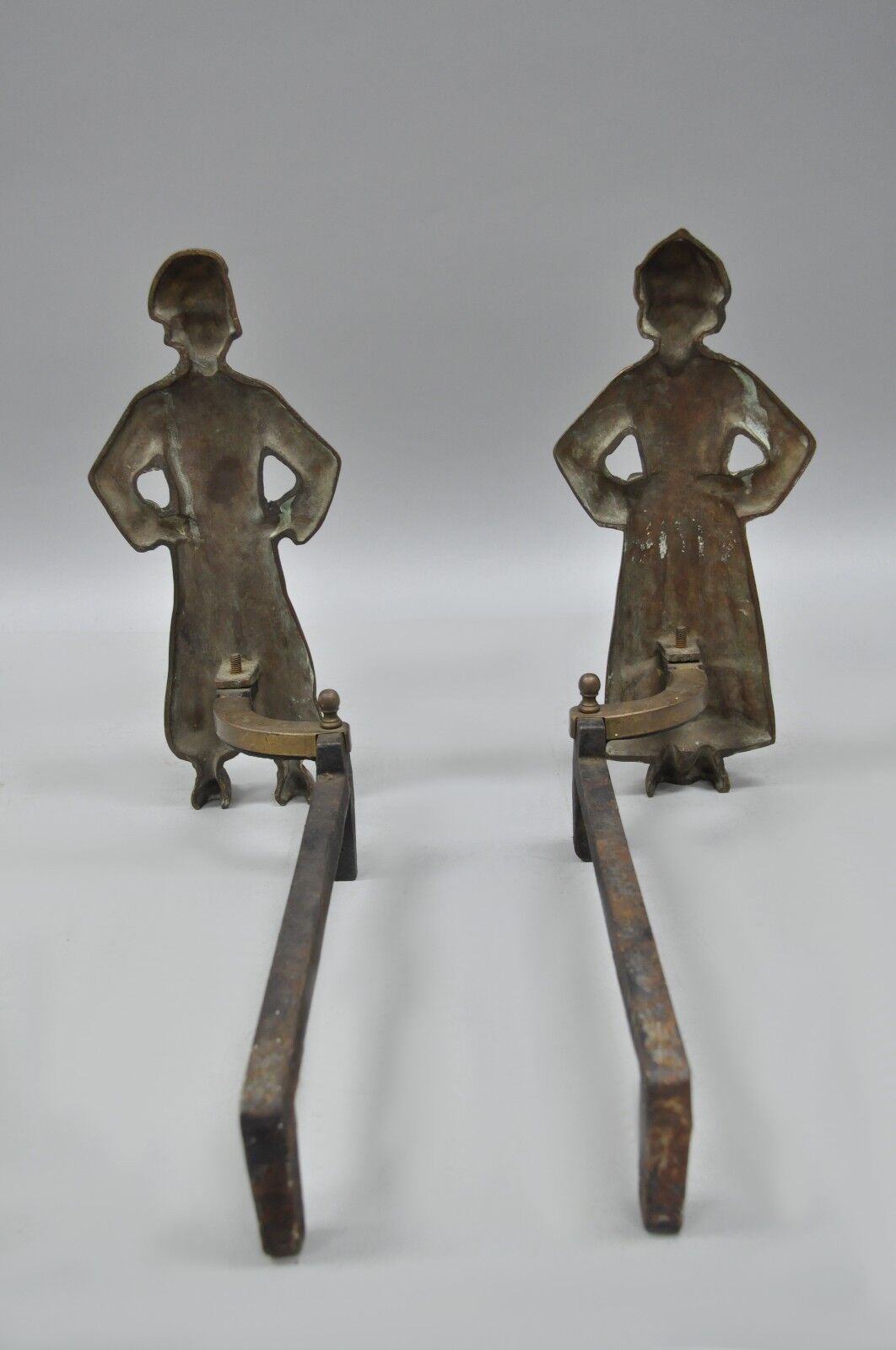 Antique Sheffield Dutch Boy and Girl Bronze & Cast Iron Fireplace Andiron - Pair