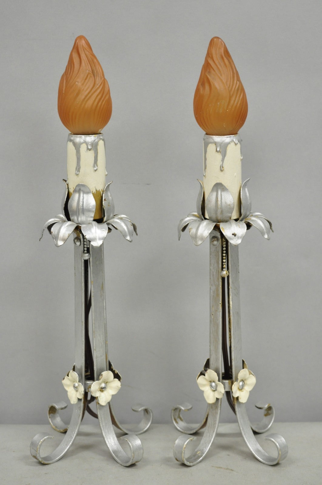 Antique Art Nouveau Wrought Iron Silver Painted Petite Boudoir Table Lamps, Pair