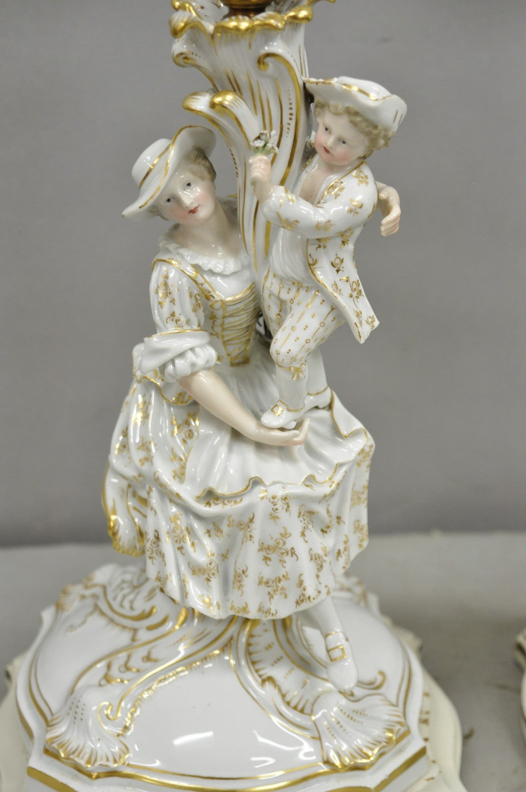 Antique Meissen Porcelain German Figural Lighted Candlestick Table Lamps - Pair