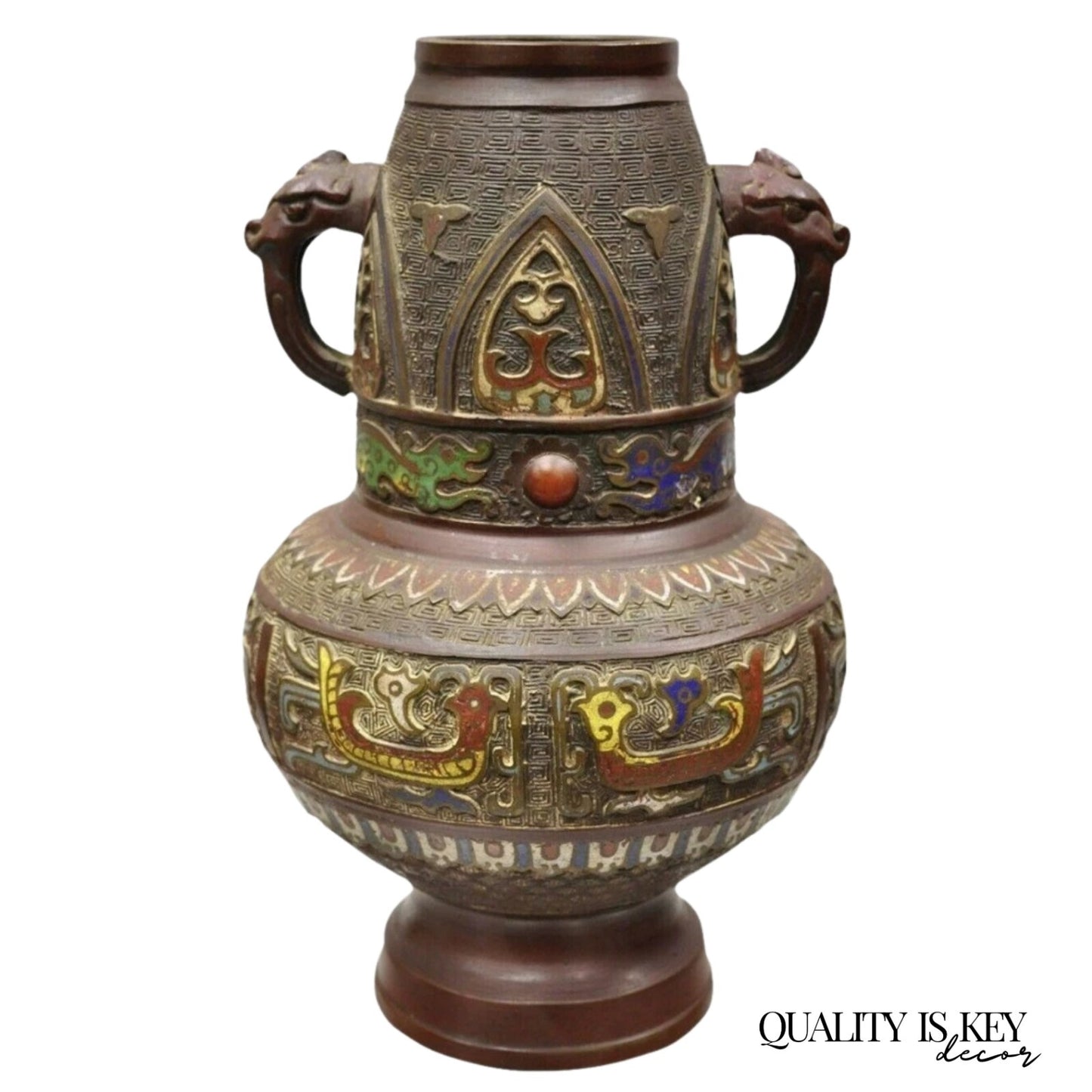 Antique Japanese Champleve Cloisonne Enamel Bronze Twin Handle 12" Vessel Vase