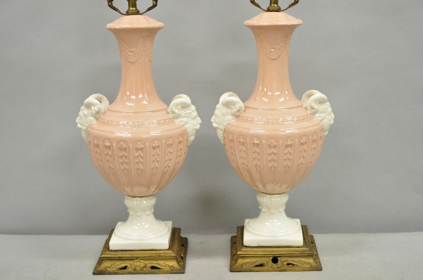 Vintage Italian Neoclassical Pink Porcelain Urn Table Lamps w/ Bearded Man, Pair