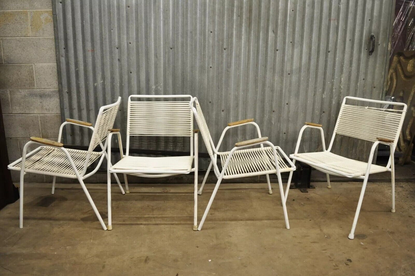 Vintage Mid Century Modern Aluminum Vinyl Rope Cord Pool Arm Chairs - Set of 4
