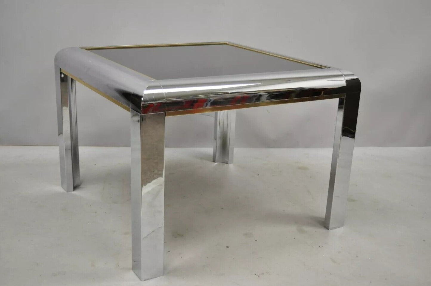 Mid Century Modern Polished Chrome Milo Baughman Style Glass Top Side Table