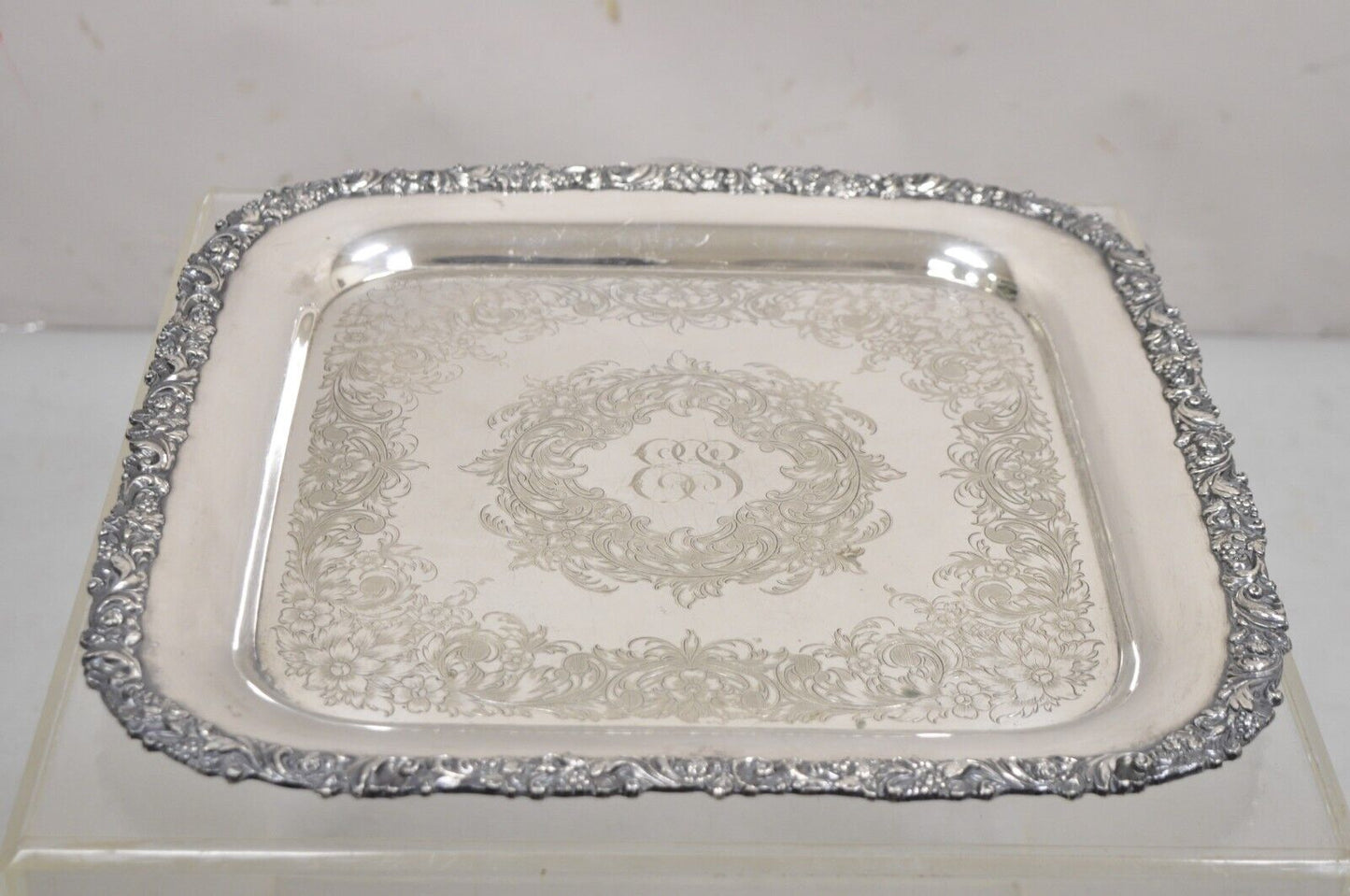Vintage English Victorian Sliver Plated 15" Square Platter Tray With Monogram