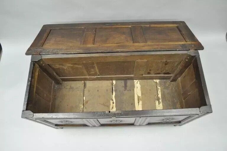 19th C. European Renaissance 3 Panel Solid Oak Wood Coffer Blanket Chest Trunk