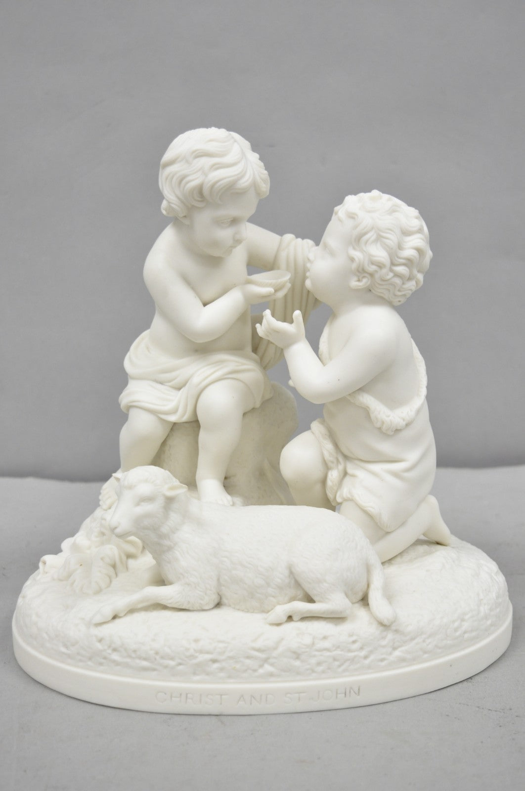 French Parian Porcelain Bisque "Feed My Lambs" Christ & St John Statue Sculpture