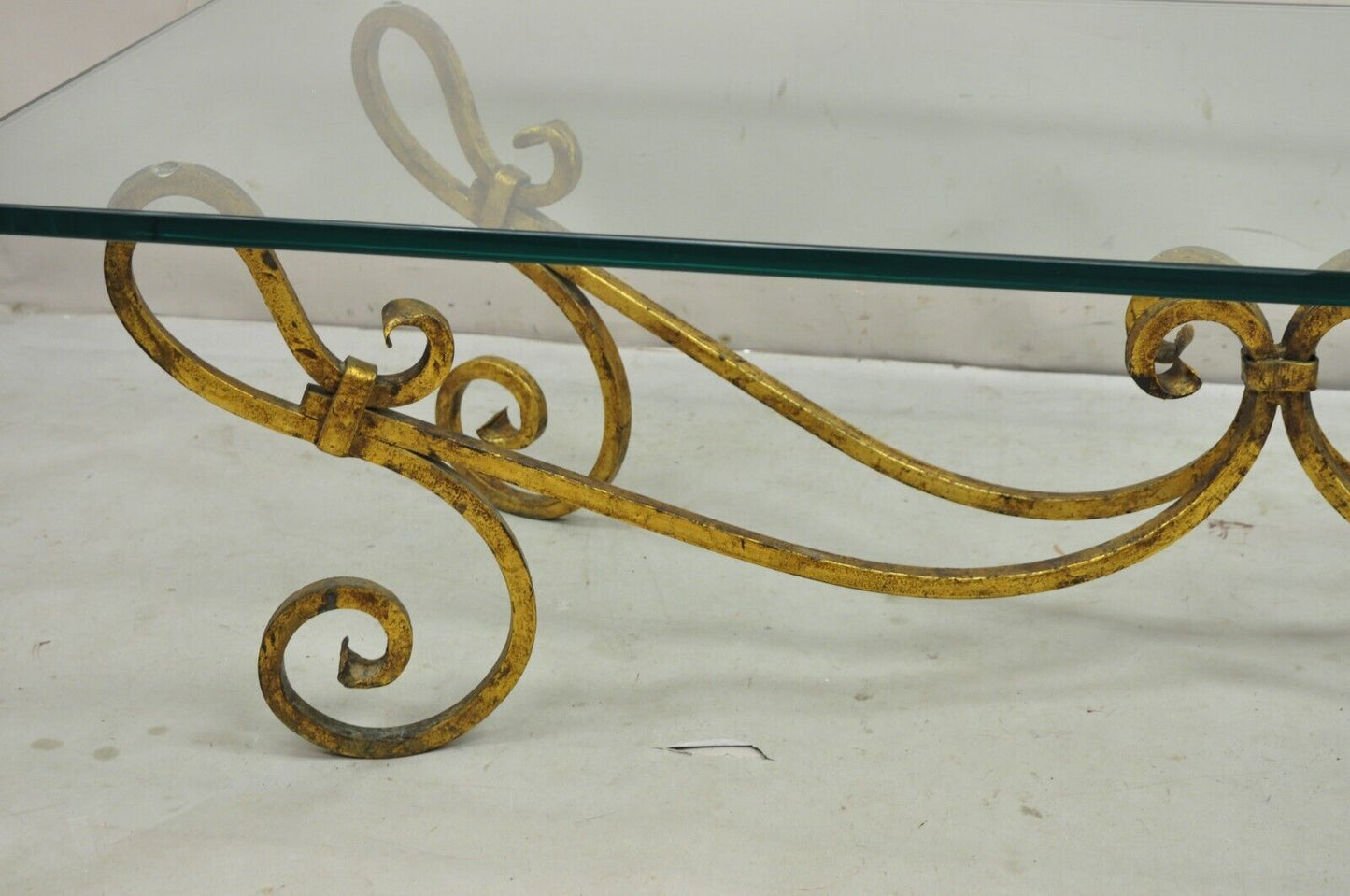 Vintage Italian Hollywood Regency Gold Gilt Iron Base Glass Top Coffee Table