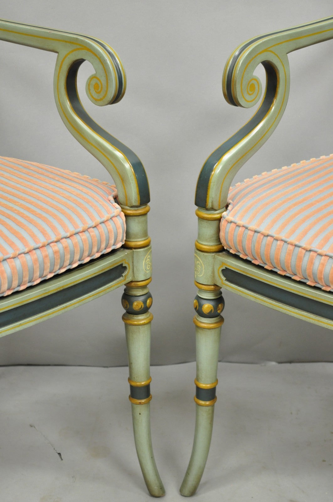Smith & Watson Regency Adams Style Green Painted Cane Arm Chairs - a Pair