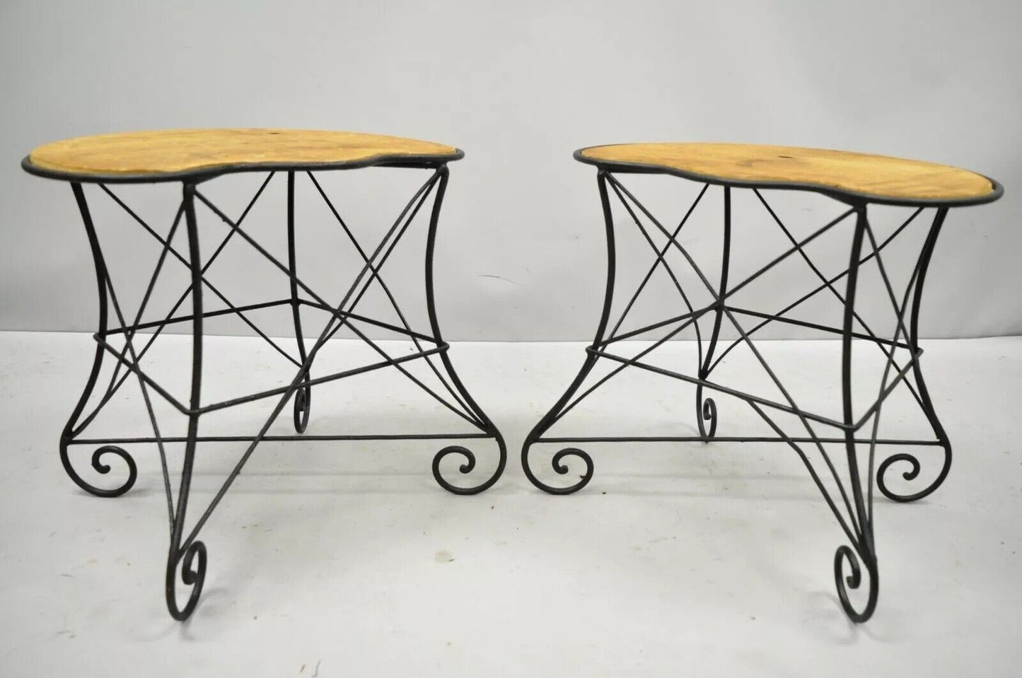 Vintage French Art Nouveau Style Scrolling Wrought Iron Stools - a Pair