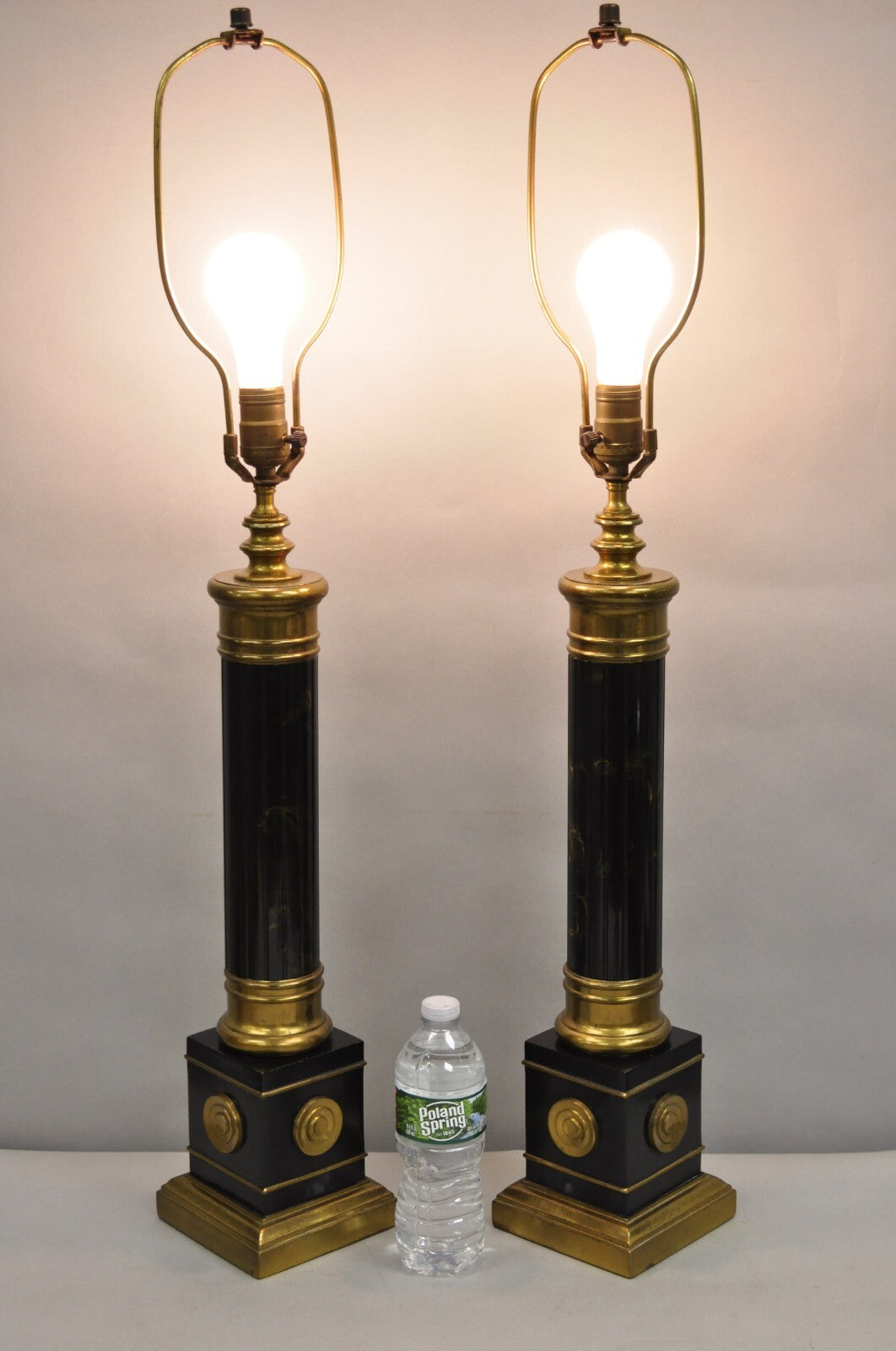 Vintage French Empire Brass Metal "Smoky" Celluloid Column Table Lamps - a Pair