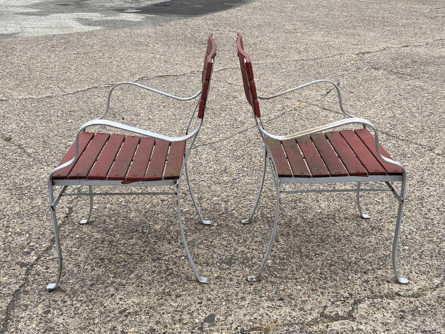 Vintage Wrought Iron and Wood Slat French Style Garden Outdoor Chairs - a Pair