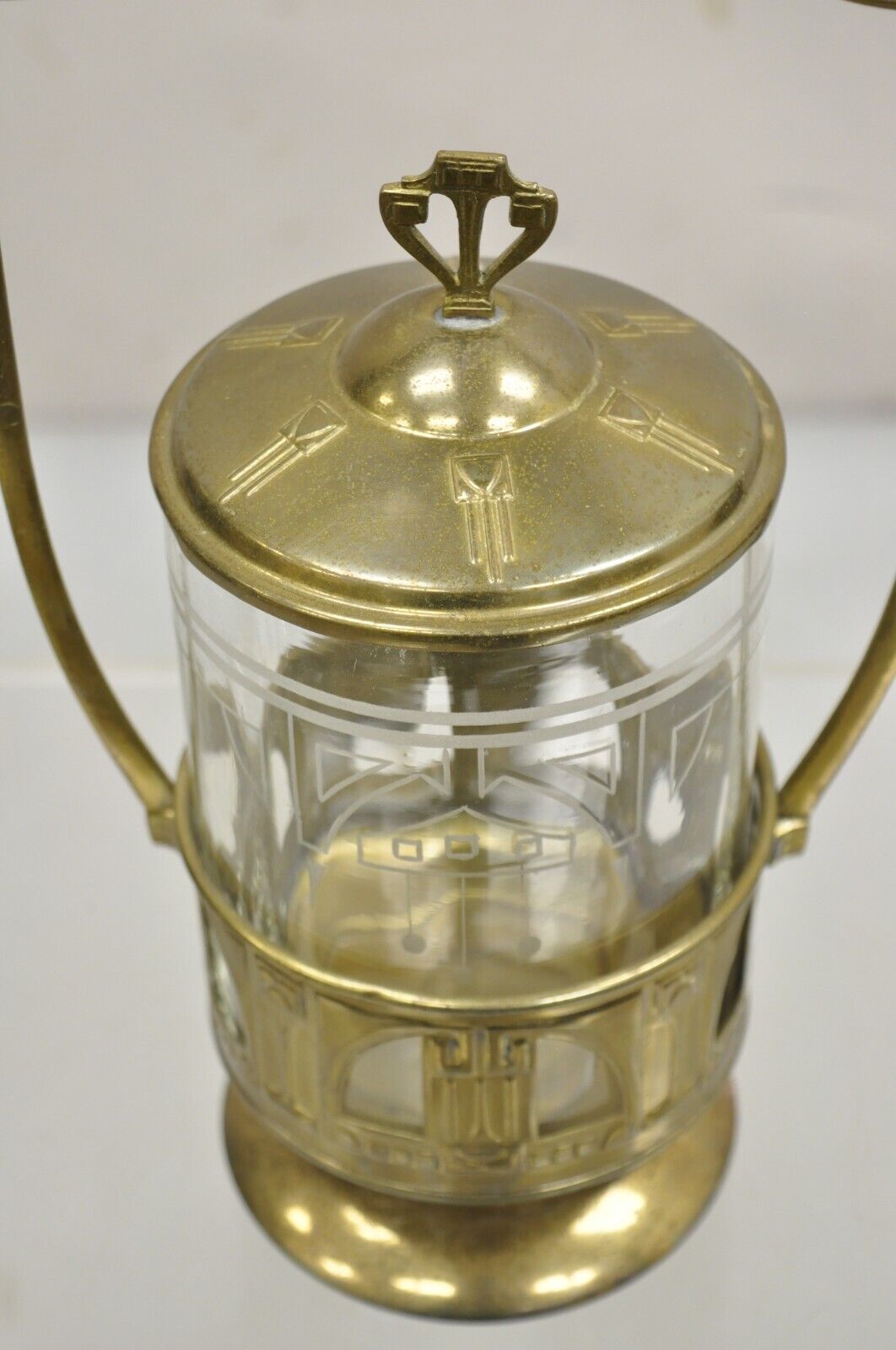 Antique German Art Nouveau Brass Metal Pickle Castor w/ Etched Glass Insert