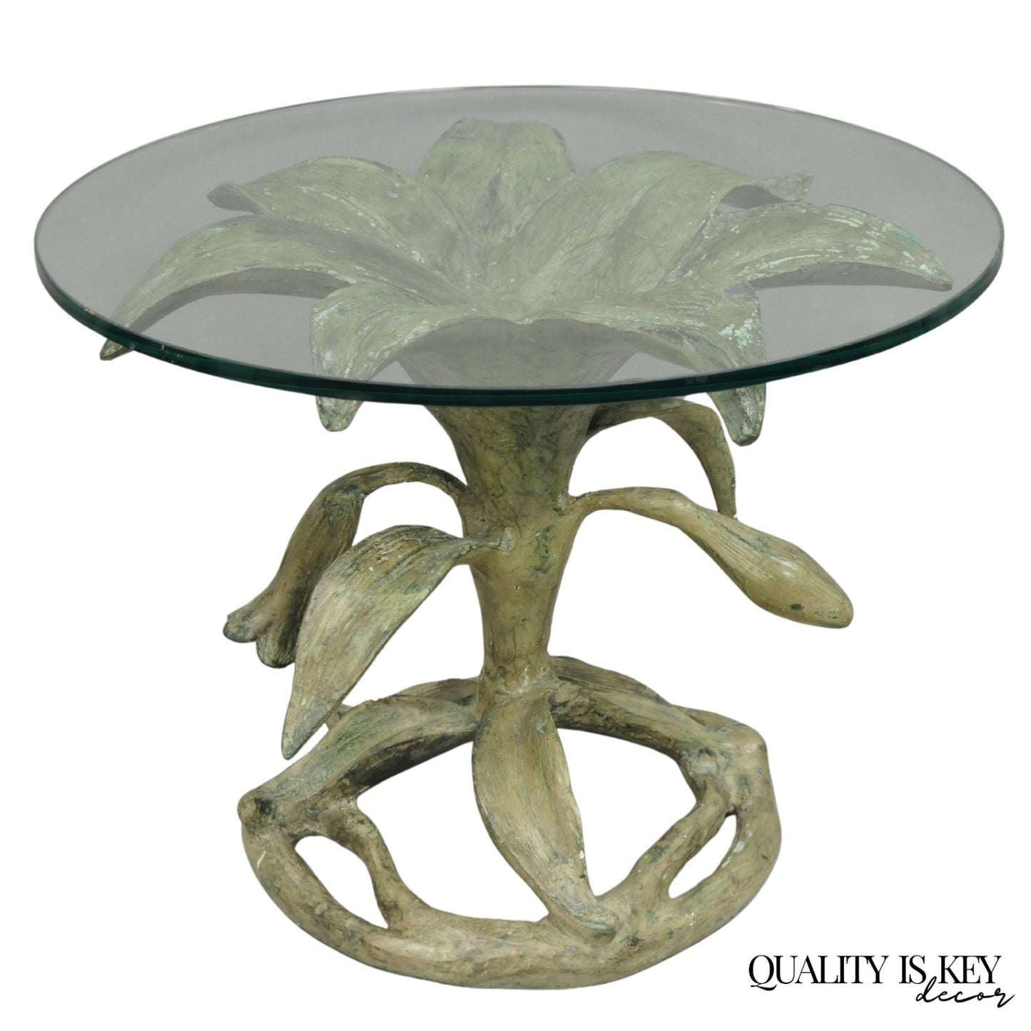 Vintage Arthur Court Green Verdigris Gilt Bronze & Glass Lily Flower Side Table