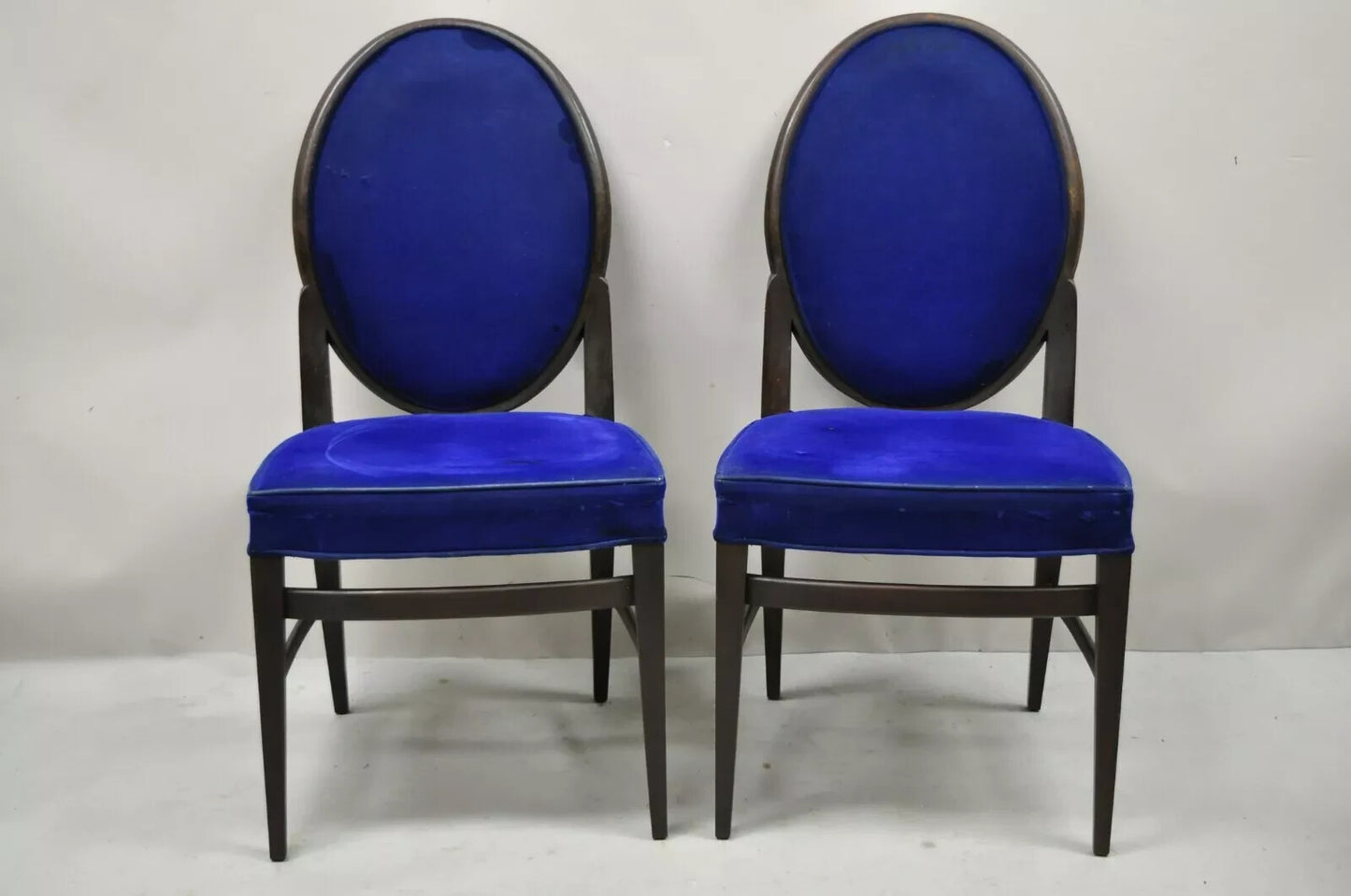 French Art Deco Oval Upholstered Back Mahogany Frame Blue Dining Chairs - a Pair