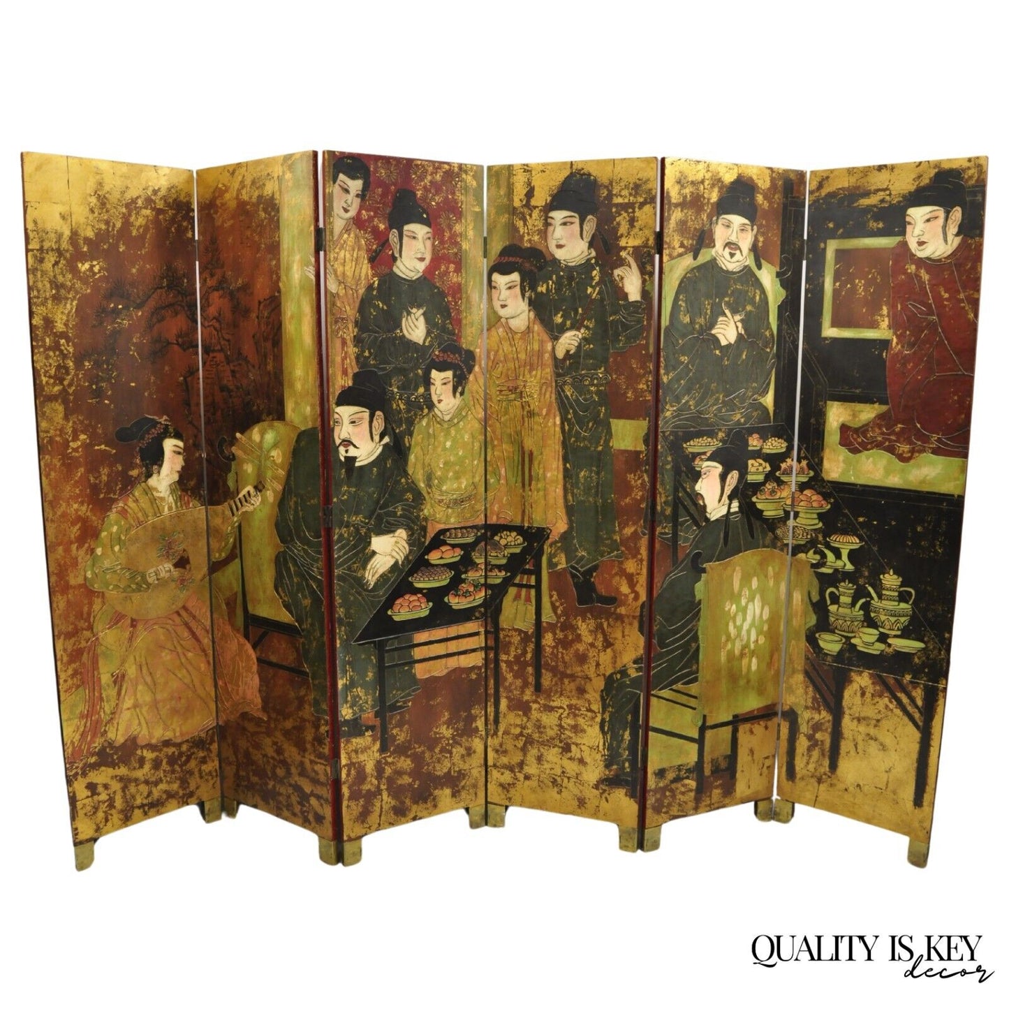 Large Chinoiserie Chinese 6 Panel Figural Red Folding Screen Room Divider