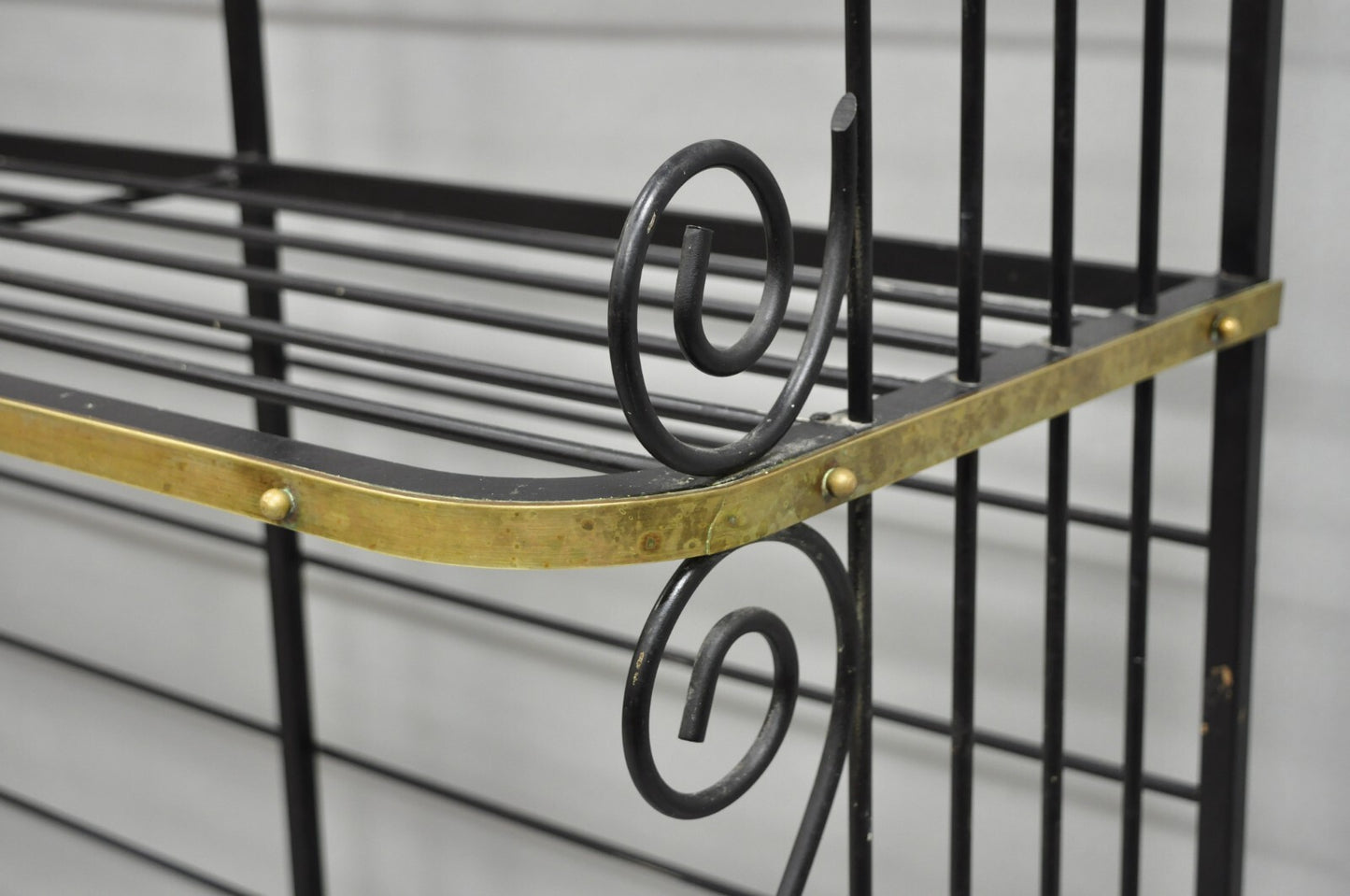 Vintage French Bakers Rack 3 Tier Scrolling Wrought Iron and Brass Etagere