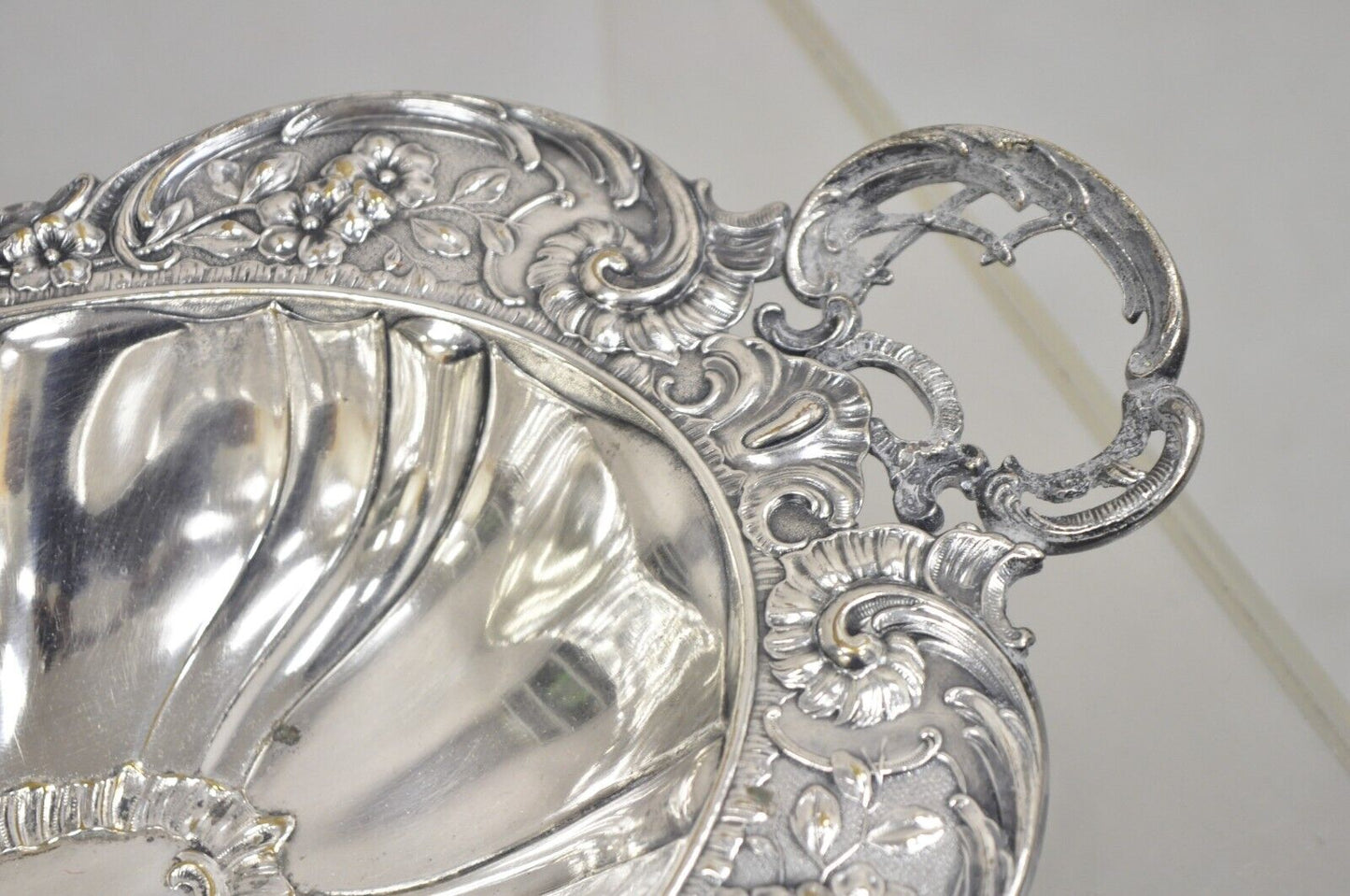 Vintage English Victorian Floral Repousse Ornate Twin Handle Footed Dish Bowl