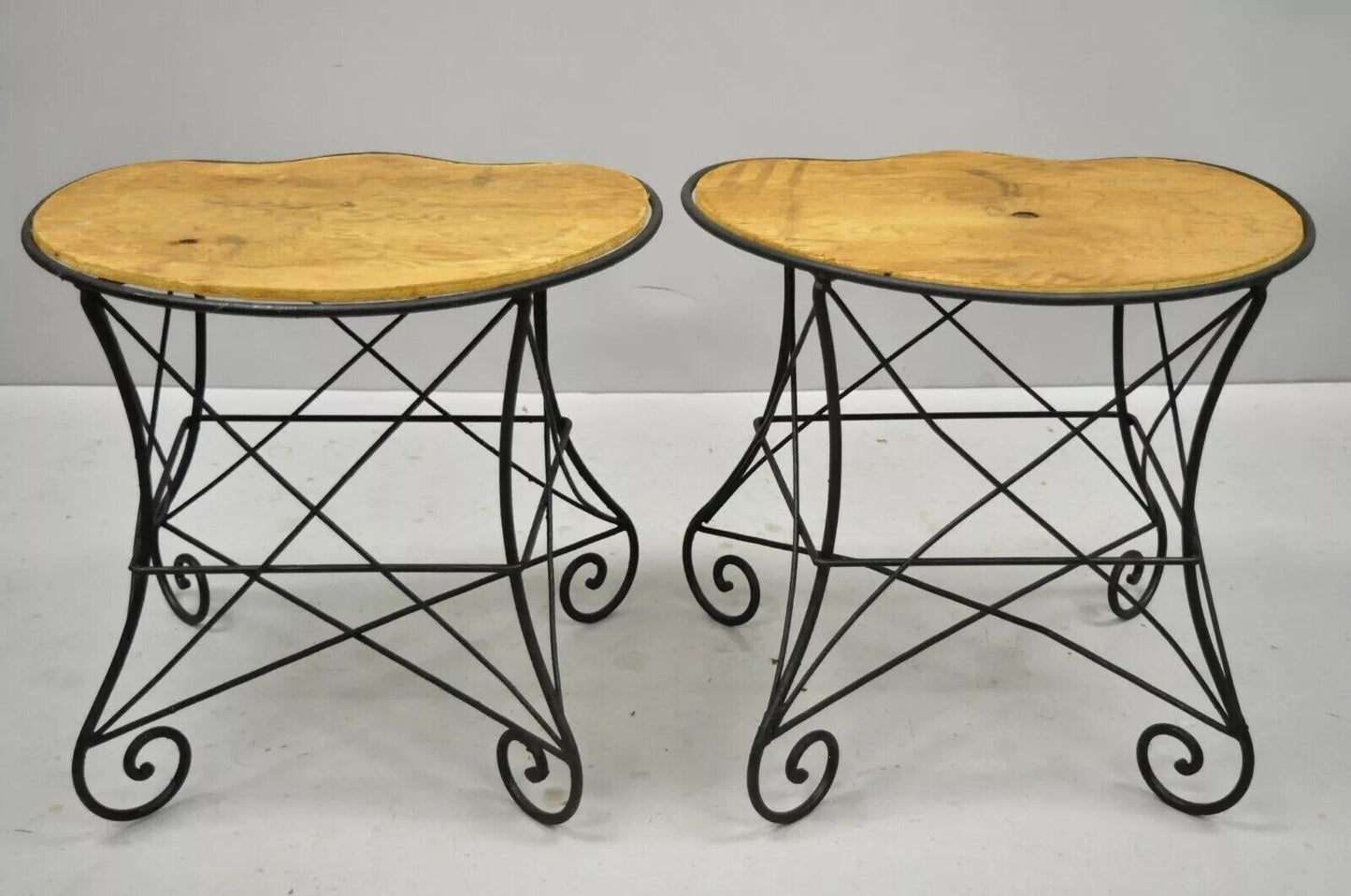 Vintage French Art Nouveau Style Scrolling Wrought Iron Stools - a Pair