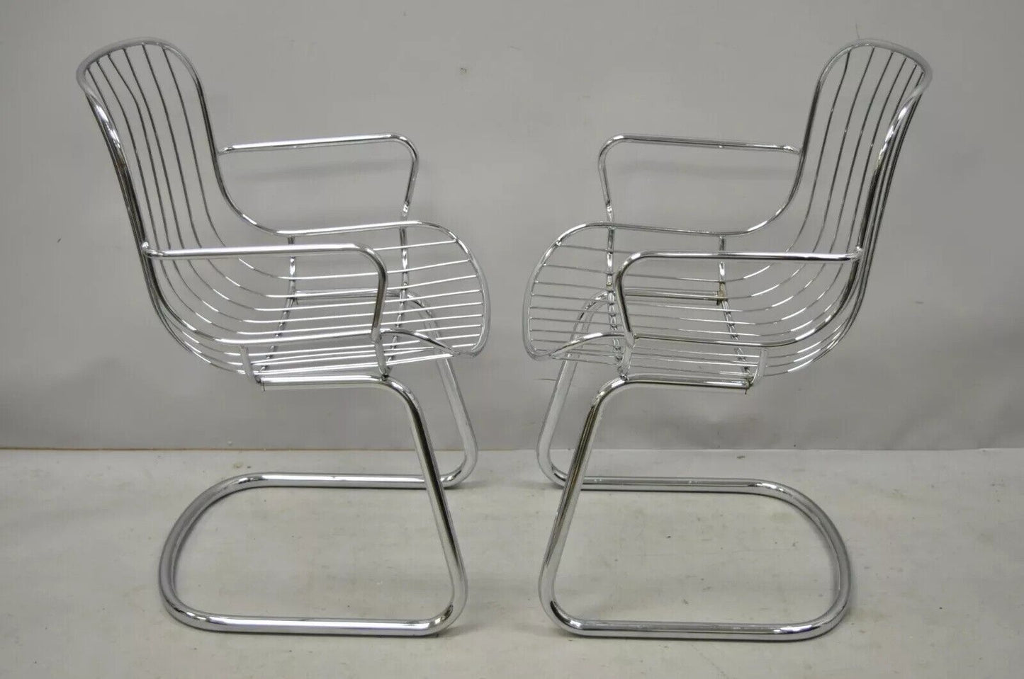 Mid Century Italian Modern Tubular Chrome Cantilever Dining Arm Chair - Set of 4
