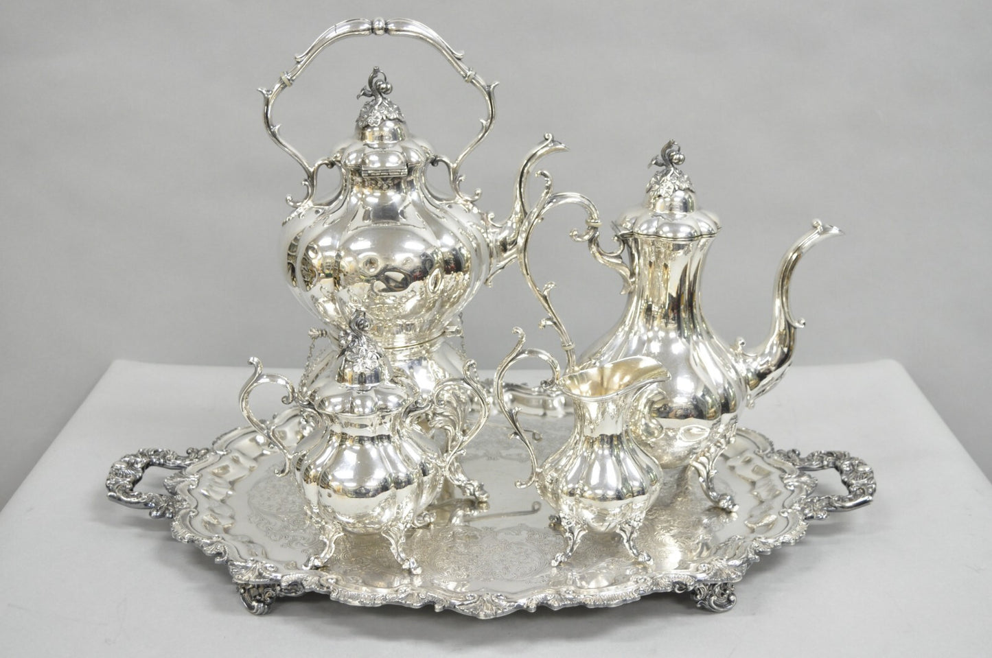 Antique Reed & Barton Winthrop Silver Plated Baroque Tea Set w/ Wilcox Tray
