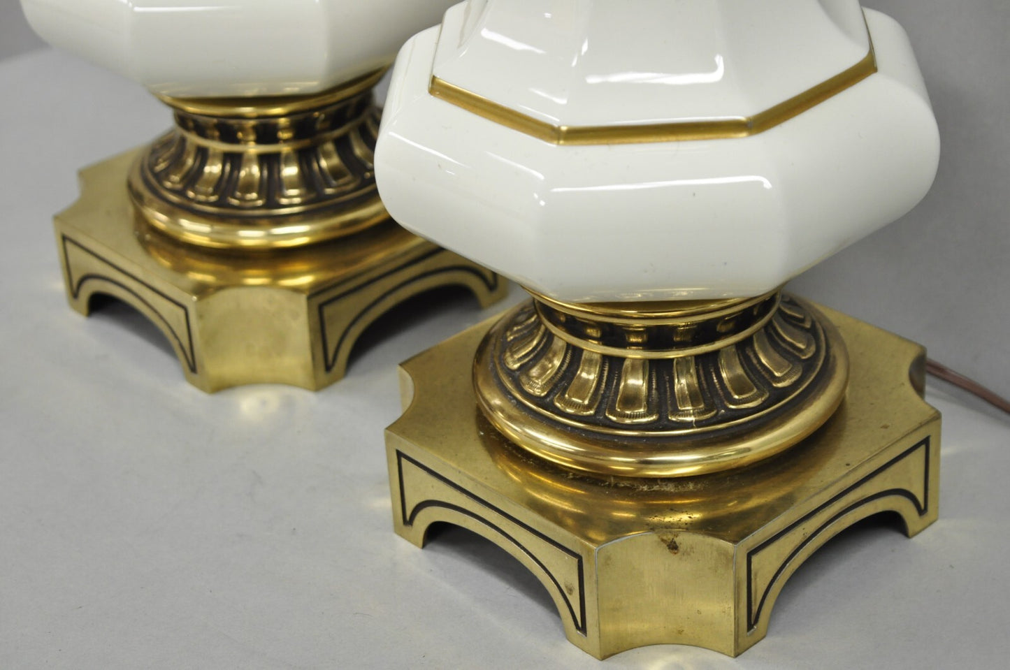 Vintage Stiffel Empire Style Burnished Brass & Porcelain Table Lamps (A) - Pair