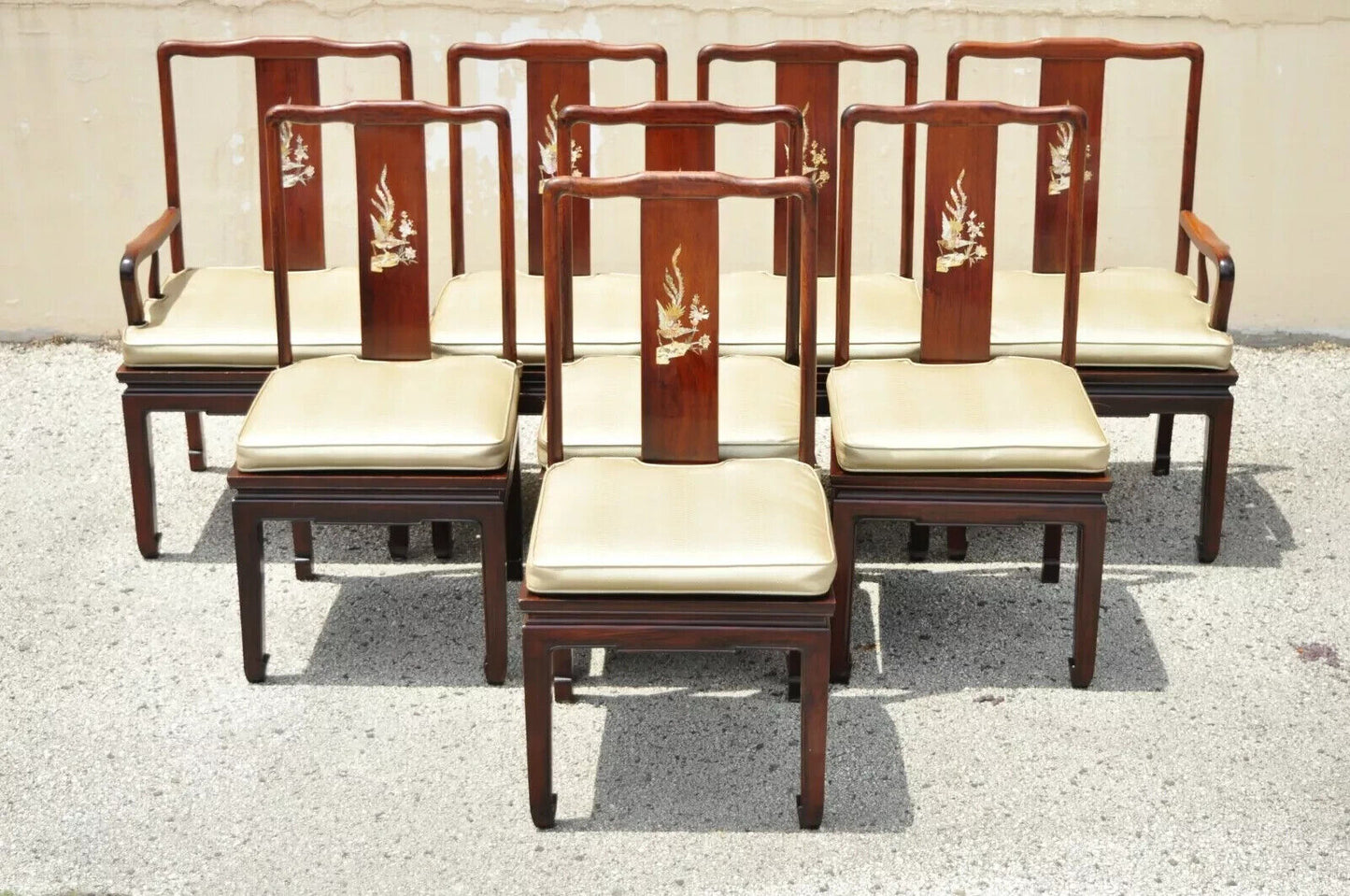 Vintage Chinese Harwood Chinoiserie Dining Room Set Table 8 Chairs - 9 Pc Set