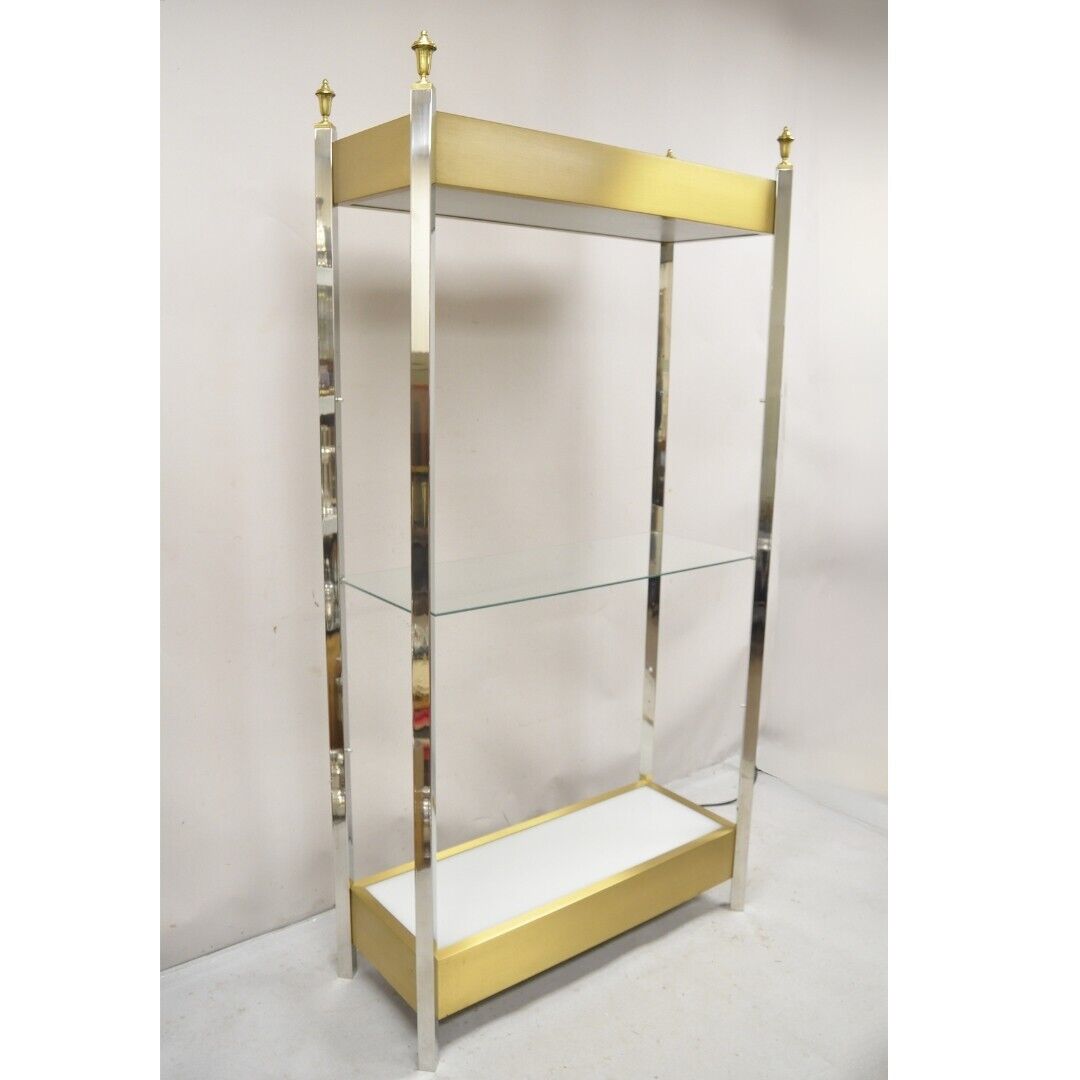 Vintage Illuminated Chrome and Brass Light Up Display Shelf Curio Etagere