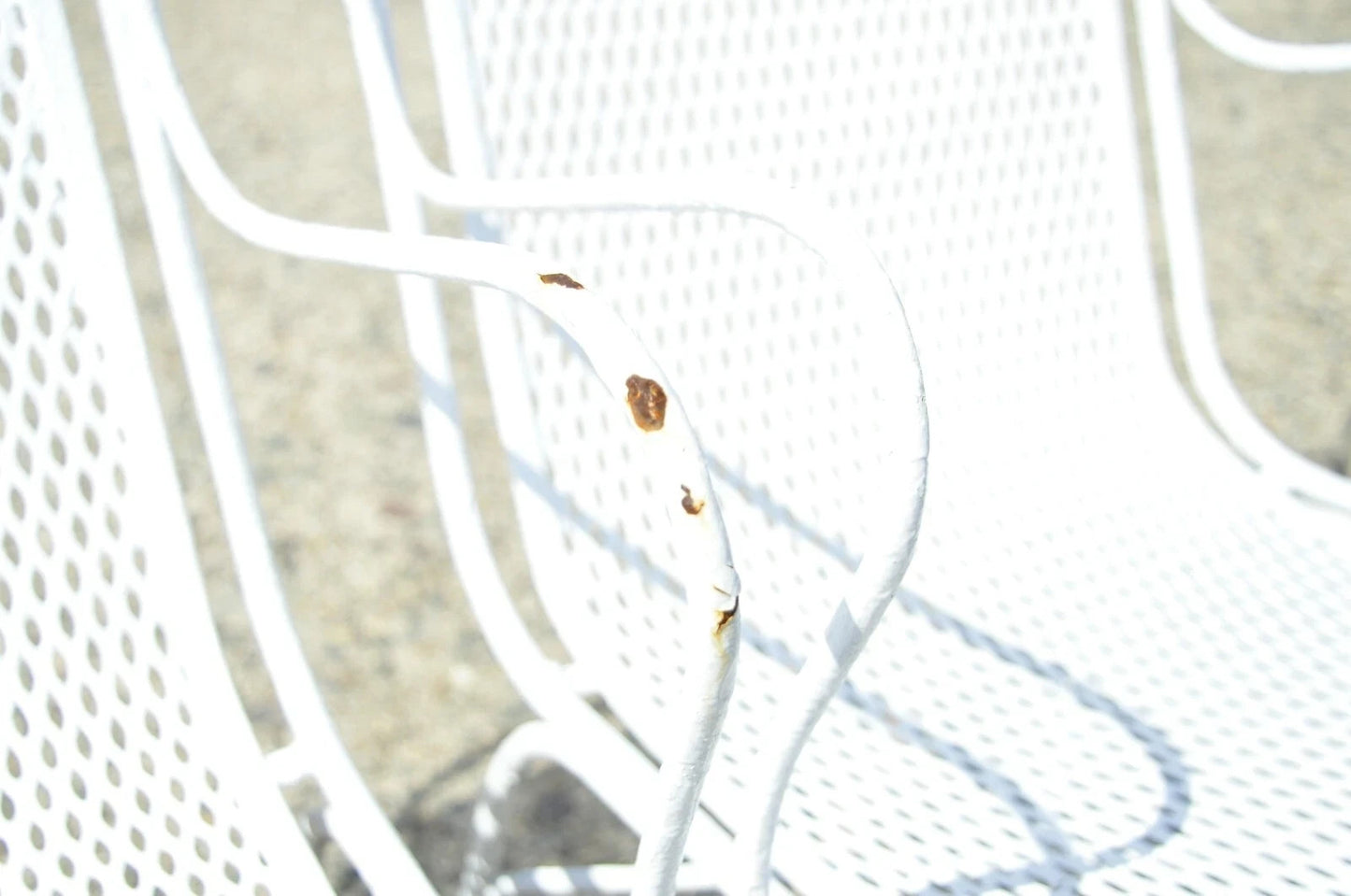 Vintage Russell Woodard White Wrought Iron Garden Patio Arm Chairs - a Pair