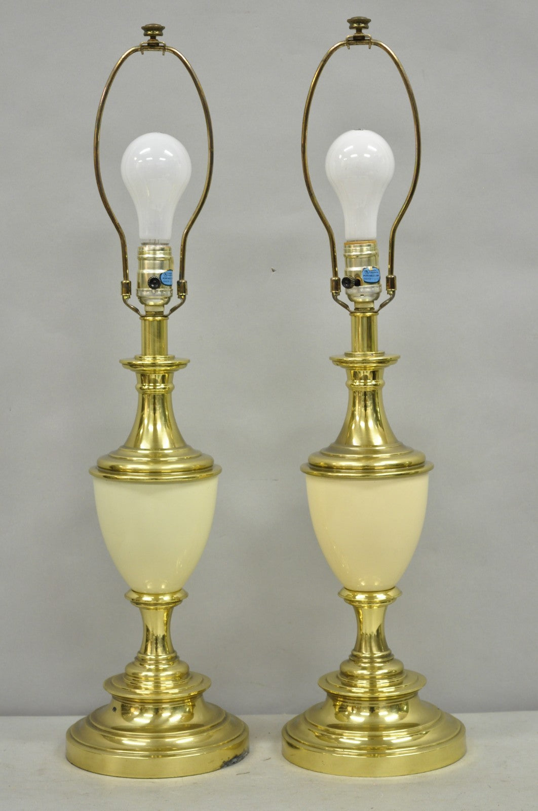 Vintage Stiffel Hollywood Regency Cream Enamel Brass Urn Table Lamps - a Pair