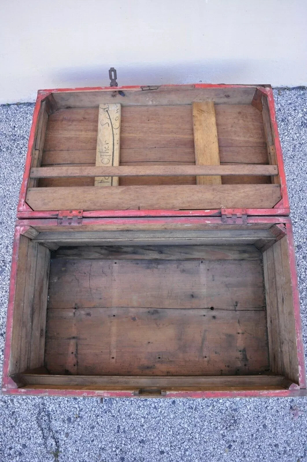 Antique Primitive Country Red Distress Painted Wood Treasure Blanket Chest Trunk