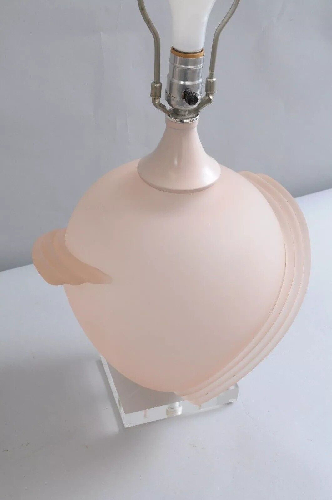 Hollywood Regency Pink Satin Frosted Glass Table Lamps w/ Lucite Base - a Pair