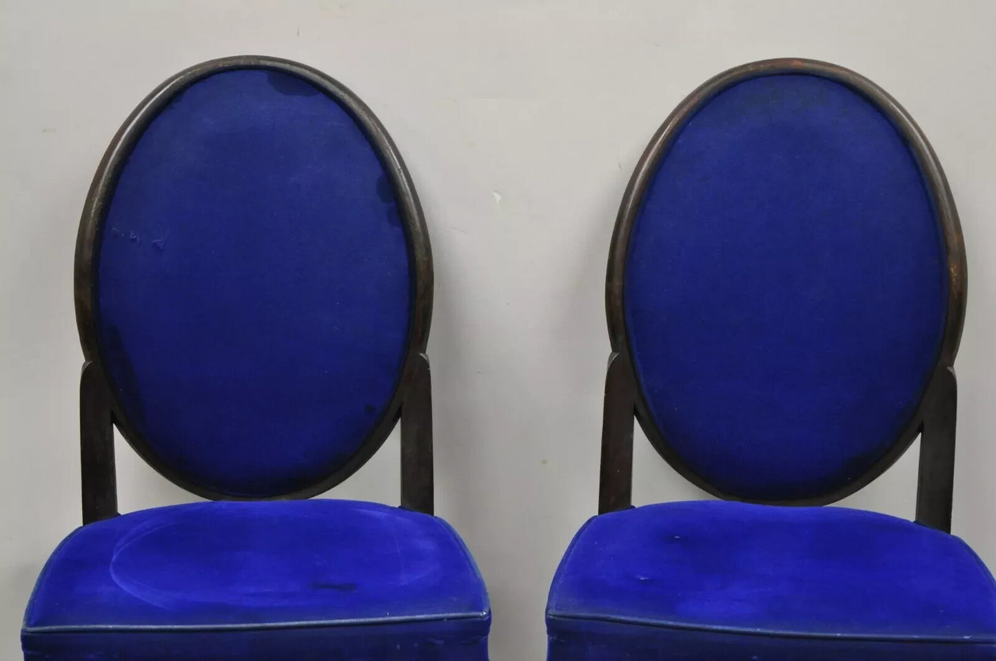 French Art Deco Oval Upholstered Back Mahogany Frame Blue Dining Chairs - a Pair