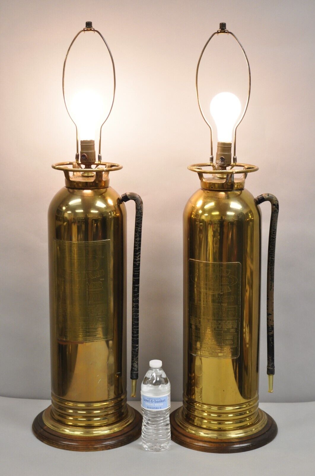 Antique Art Deco Brass Fire Extinguisher Converted Table Lamps - a Pair