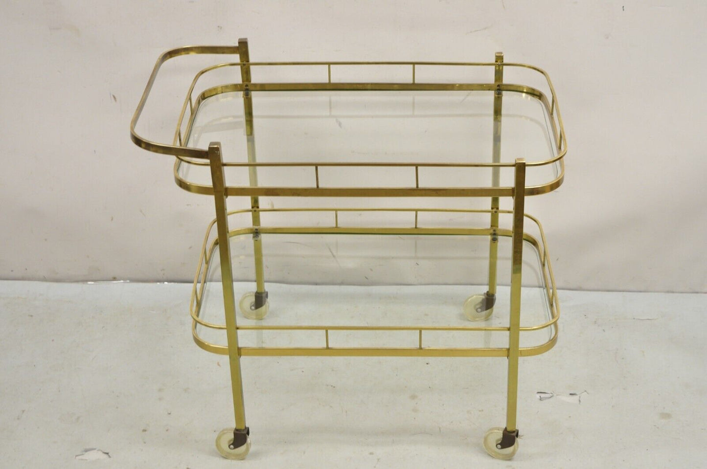 Vintage Mid Century Modern Brass Bar Tea Cart with Glass Shelves