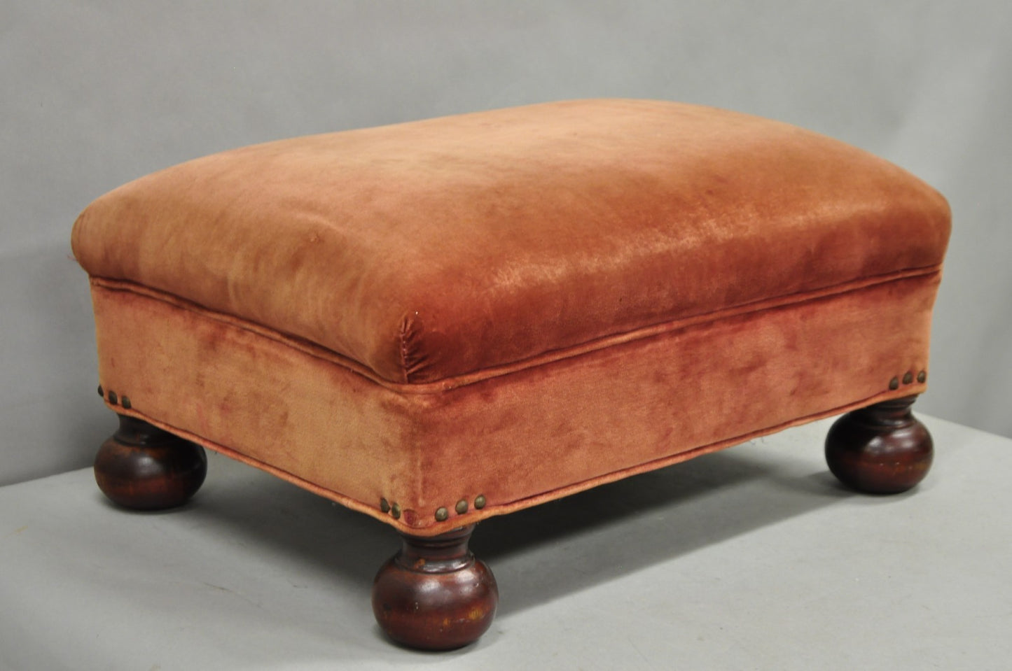 Vintage Jacobean William & Mary Walnut Bun Feet Upholstered Ottoman Footstool