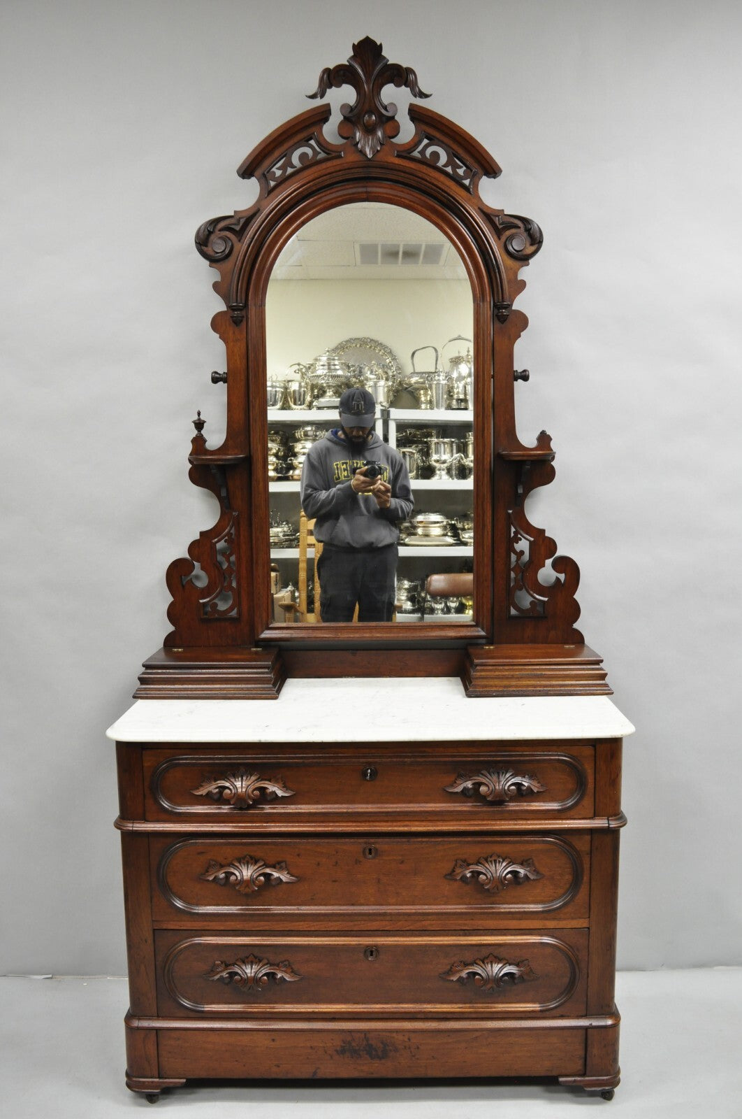 Antique Eastlake Victorian Carved Walnut Marble Washstand Dresser with Mirror