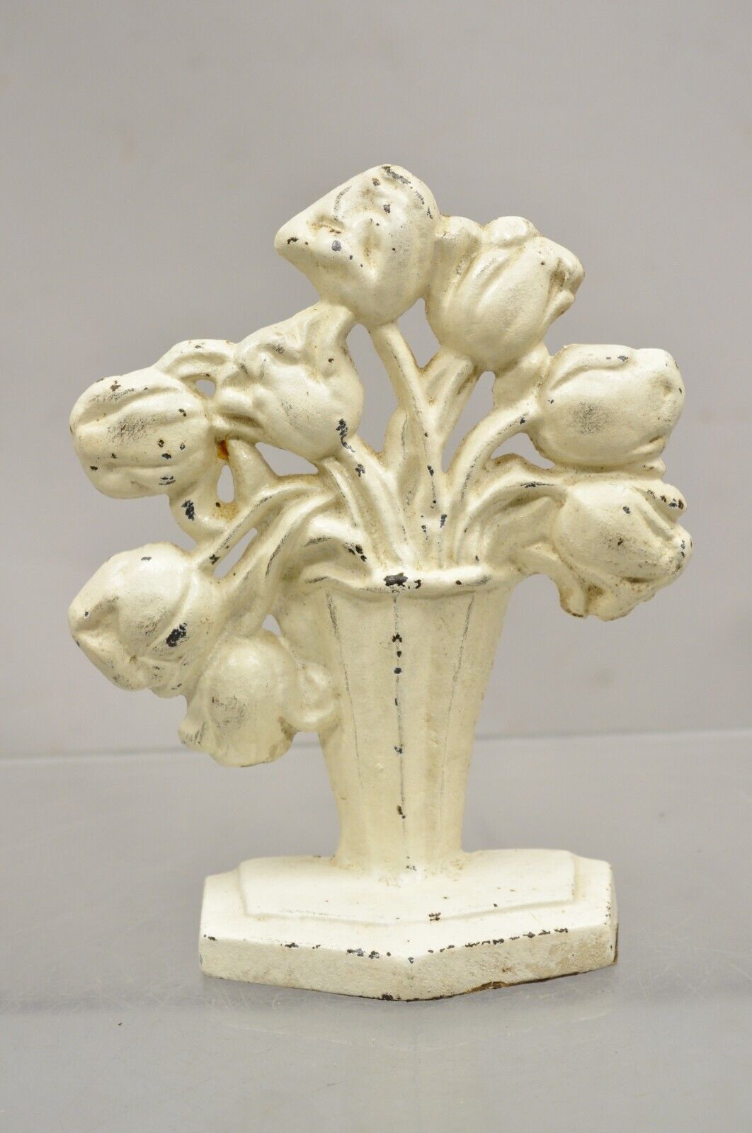 Antique Victorian Cast Iron Figural White Tulip Bouquet Painted Door Stop