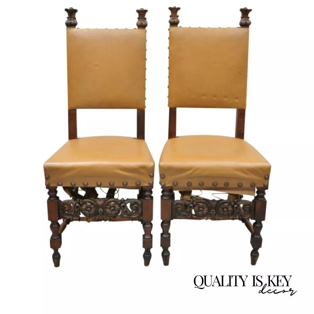 Antique 19th C. Italian Renaissance Carved Walnut High Back Side Chairs - a Pair